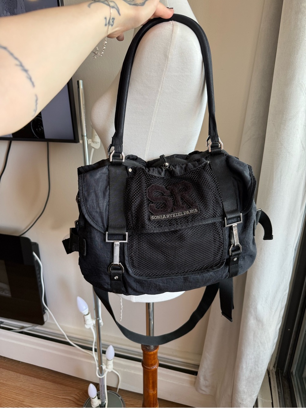 Sonia Rykiel Black Canvas Messenger Tote with Mesh Front